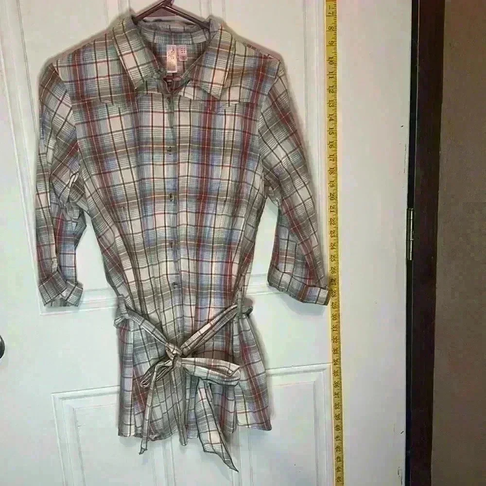 Women's 3/4 length sleeve cotton Plaid shirt with cute tie belt - Picture 1 of 3